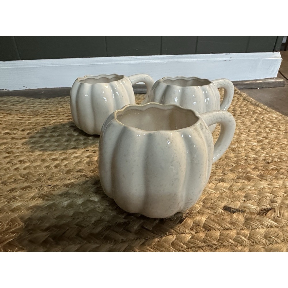 Anthropologie White Cream Pumpkin Shapes Mugs Lot Of 3 - Picture 2 of 5
